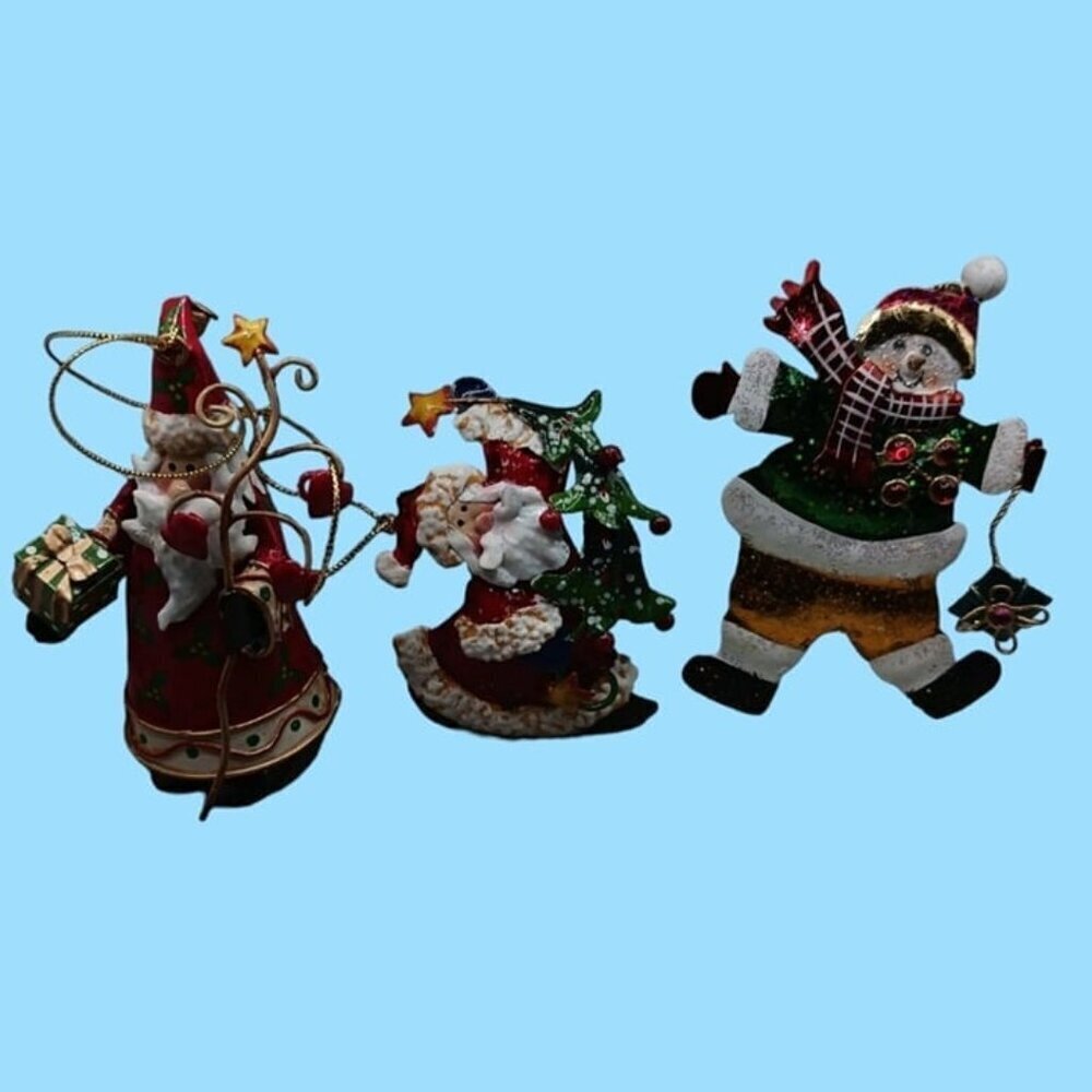 Vintage santa & snowman tin metal christmas ornaments